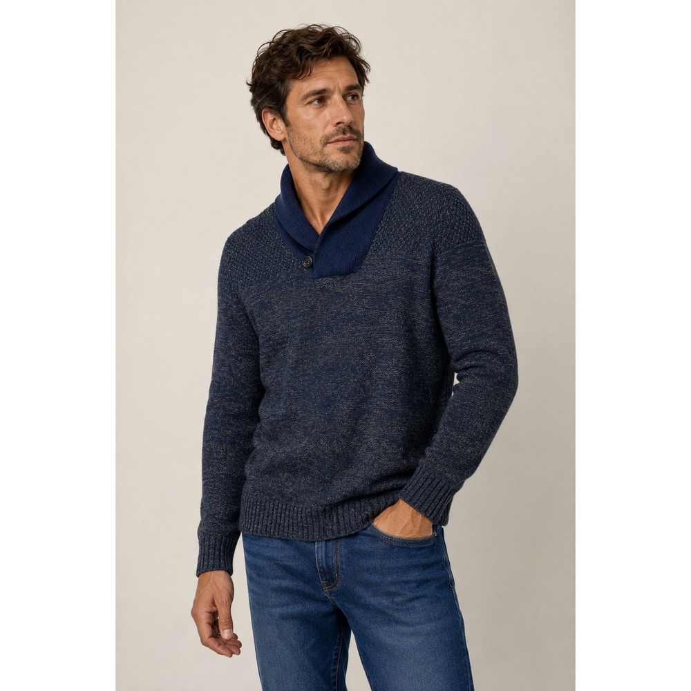 Banana Republic Mens Merino Wool Blend Shawl Collar Sweater Medium Marled Blue
